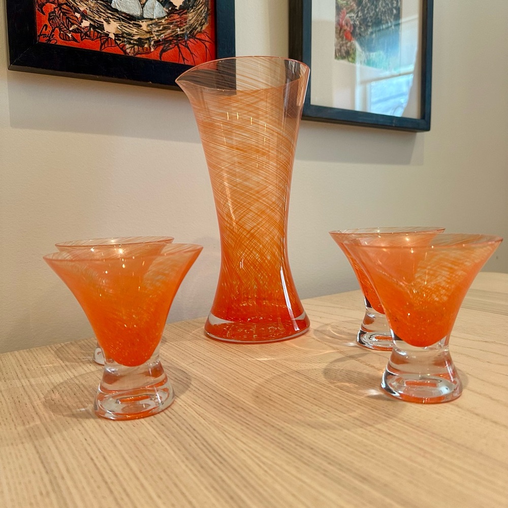 EUC Vintage Dansk MCM Cocktail Set Orange Art Glass Twist Pitcher 4 Tumblers